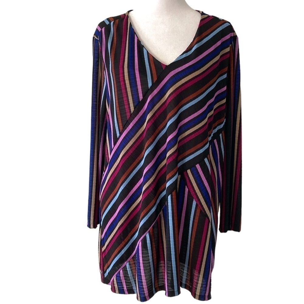 Dana Buchman XXL blouse v-neck stripes purple black pink blue colorful